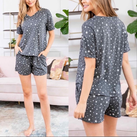 CHICBOMB Tops - STAR PRINT MATCHING TOP AND SHORTS - DARK GRAY WHITE